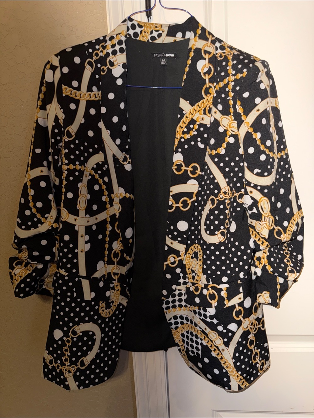 Fashion Nova Black Blazer with Gold Chain & Cream Accents